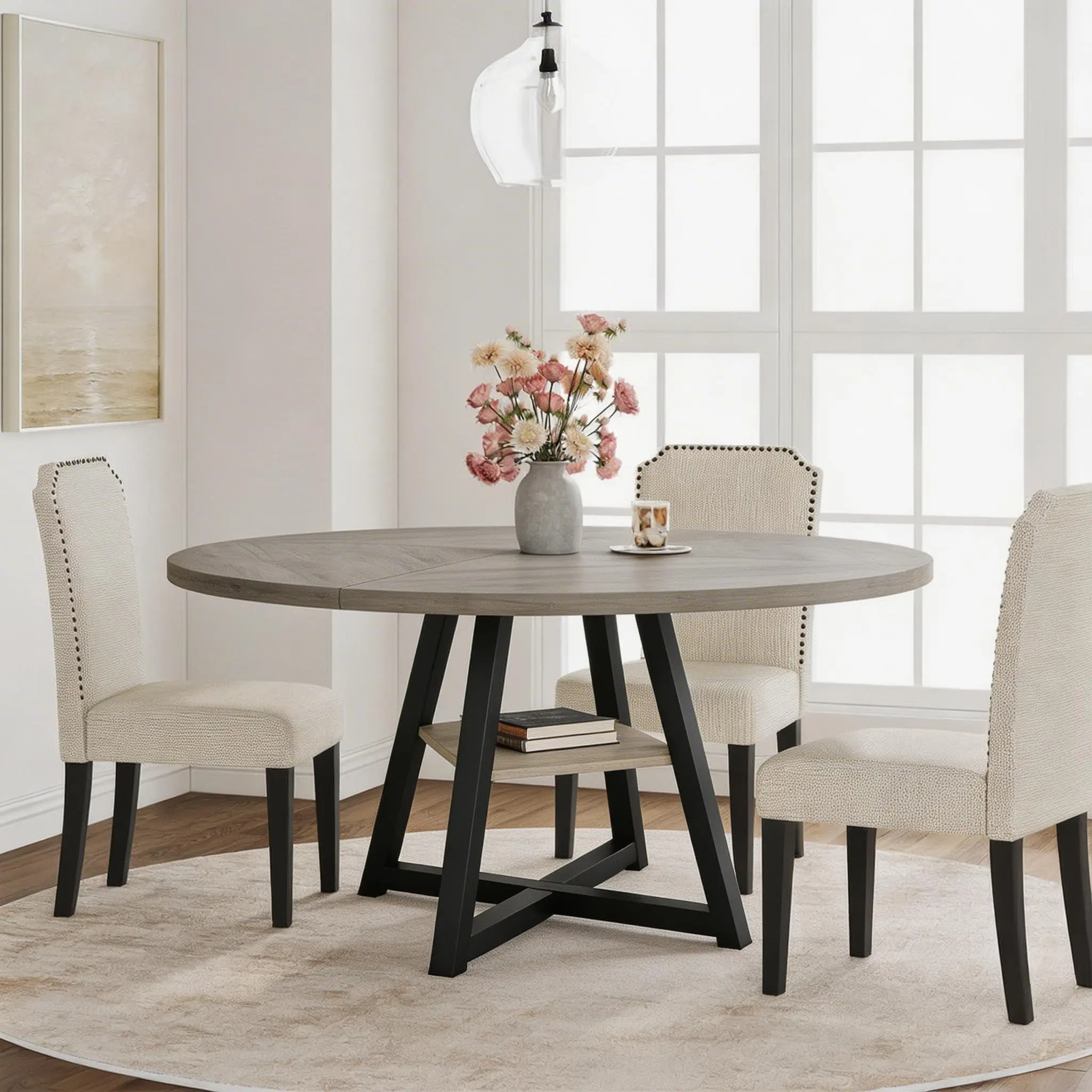 47" Round Dining Table for 4-6 with Storage Shelf, Industrial Round Kitchen Table with Sturdy Metal Pedestal Base, Circle 4 Dinner Table for Dinner,Kitchen, Dining Room, Living Room