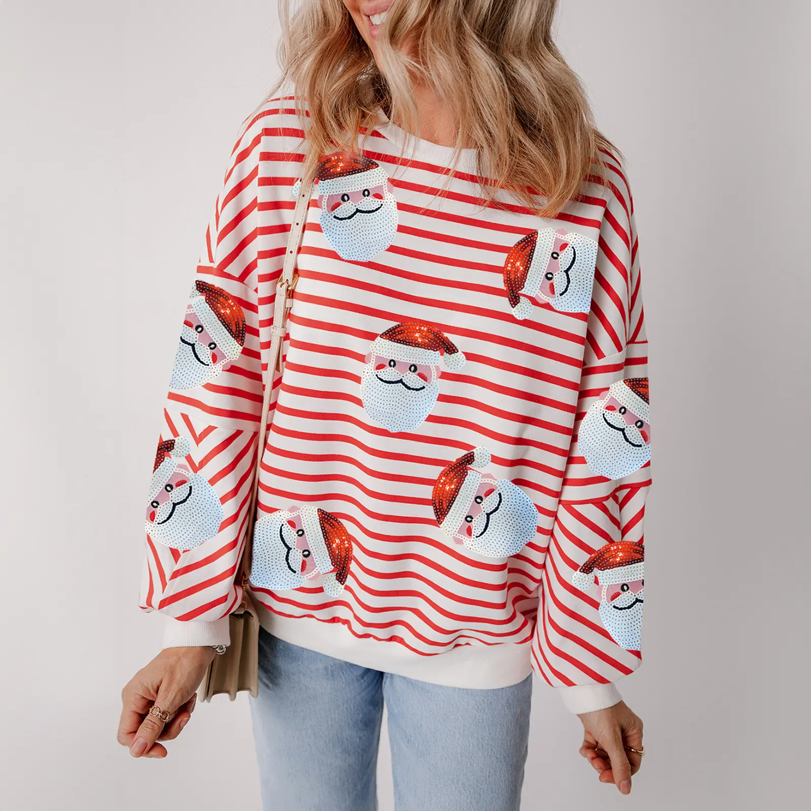 Women's Christmas Sweatshirt, Festive Glitter Sequin Santa Graphic Long Sleeve Crewneck Pullover Top for Casual Holiday Wear, Sparkly