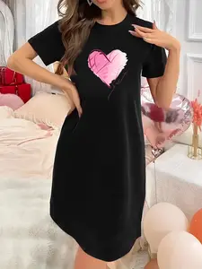 Soft & Slightly Stretchy Women's Nightgown Crew Neck Short Sleeve With Pink Gradient Heart Print Sexy Elegant Youthful Perfect Gift for Christmas Mother's Day Valentine’s Day and New Year sexy nightdress