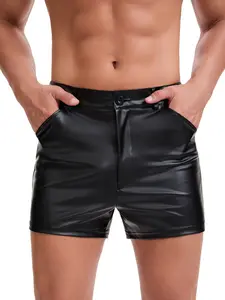 Men's Soft Leather Plain Shorts, Shiny Slim Fit Elastic Half Pants, Casual Pocket Straight Leg Bottoms, Comfortable and Stylish
