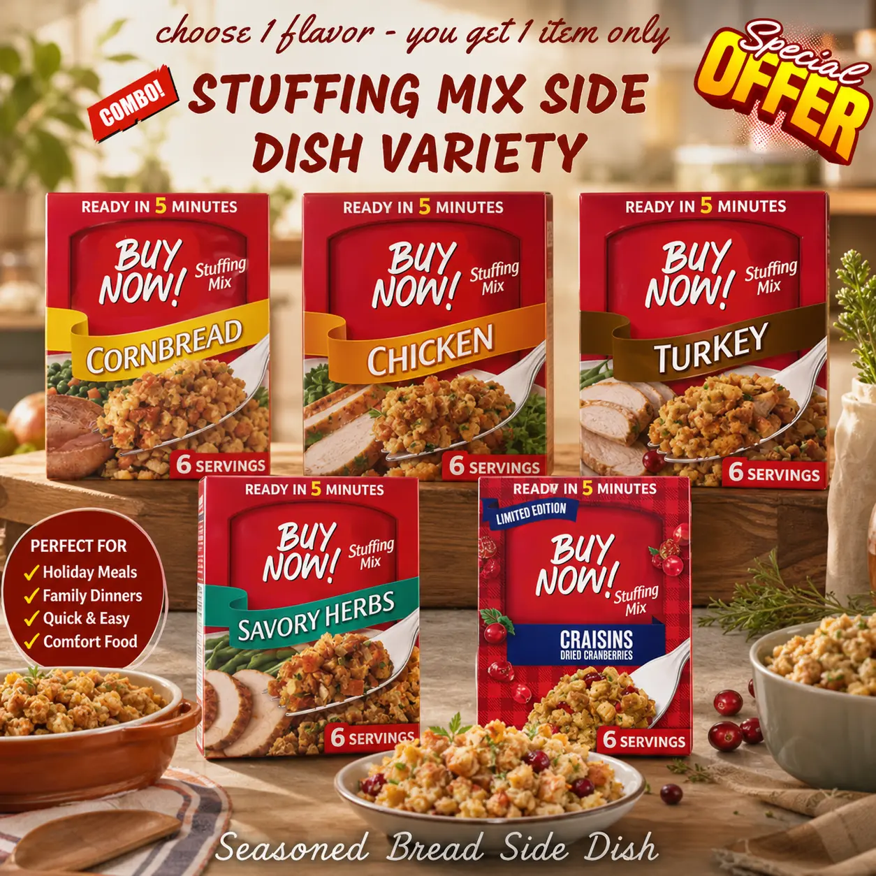 Stuffing Mix Variety Pack, Chicken Cornbread Turkey and Cranberry Flavors, Seasoned Bread Side Dish, Easy Prep 6 oz Box, Choose one of your favorite flavors