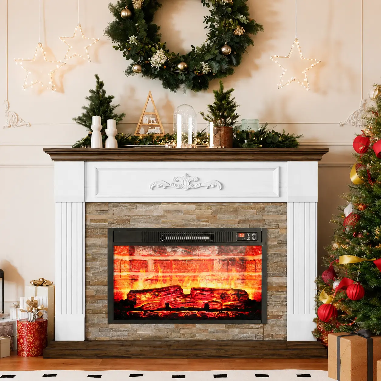 LGHM 44'' Electric Fireplace TV Stand With Fireplace Mantle, 3D Realistic Flame Effect, 1400-Watt Heater, Farmhouse-style Carved Design, Suitable for living room.Bedroom,home decor