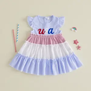 Girlie Casual Dresses for Girls, Independence Day Patriotic A-Line Dress with Flying Sleeves, Crew Neck, Letter Embroidery and Stripes