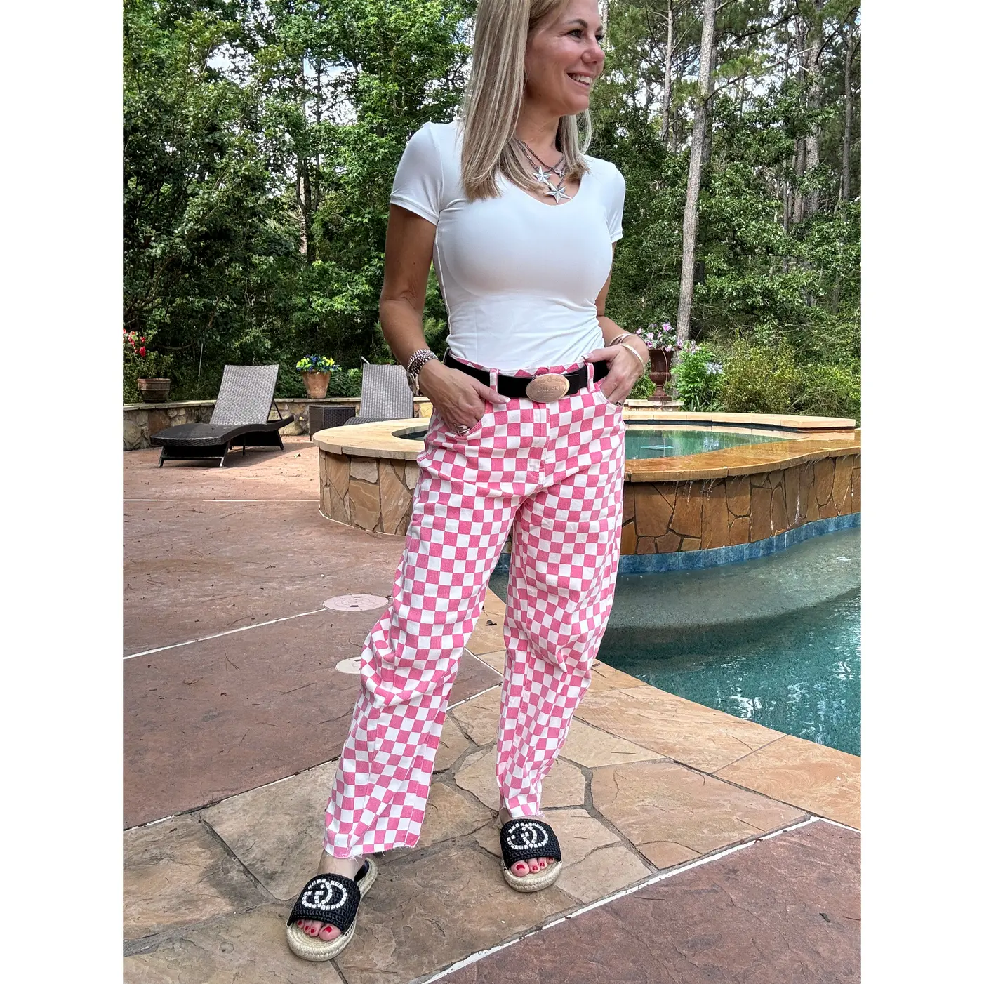 Custom Pink Check Finish Line Mini Barrel Pants!