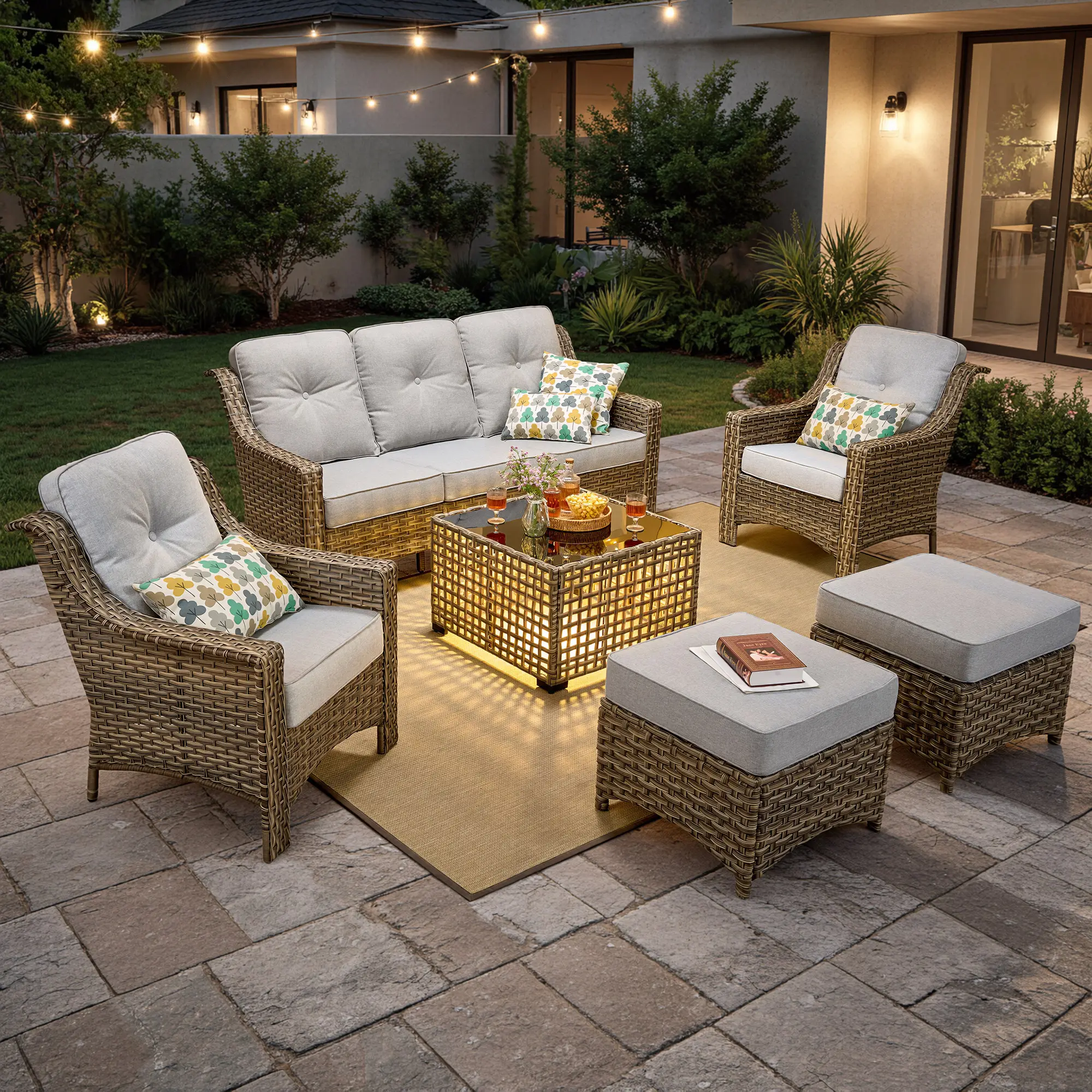 XIZZI Outdoor 6-PCS Rattan Sofa Set - 3-Seat Sofa, 2 Chairs, 2 Ottomans, Solar Coffee Table, Handwoven Wicker, Eco-Friendly, Durable, Comfortable