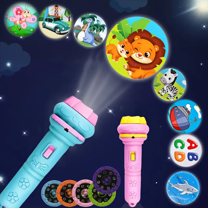 Novelty Lighting Mini Projector Flashlight - 1 Flashlight + 3 Projection Cards (24 Animal, Dinosaur, Vehicle, Space Patterns), Lithium Ion Powered, Ideal Back-to-School & Birthday Gift for Kids