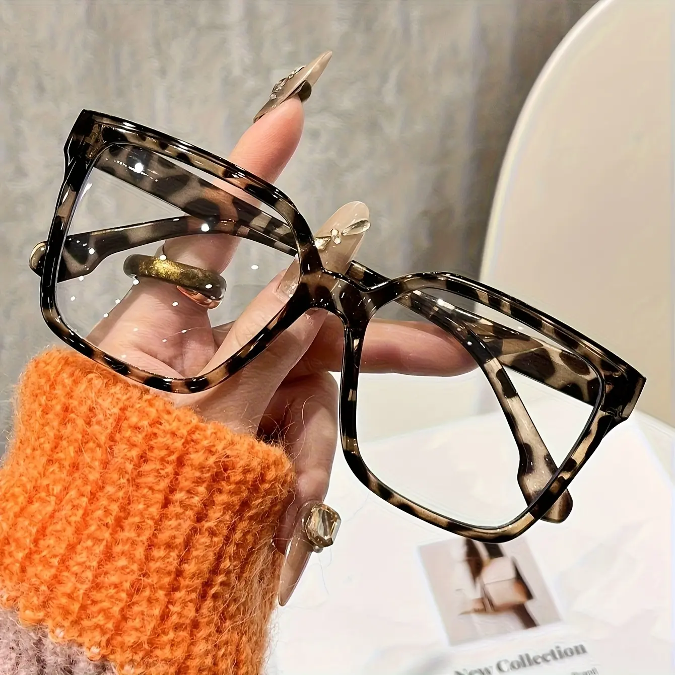 1 pair of Boho-style large square transparent glasses, suitable for women, featuring trendy leopard prints and solid colors, made of PC polyester material with a full-frame design