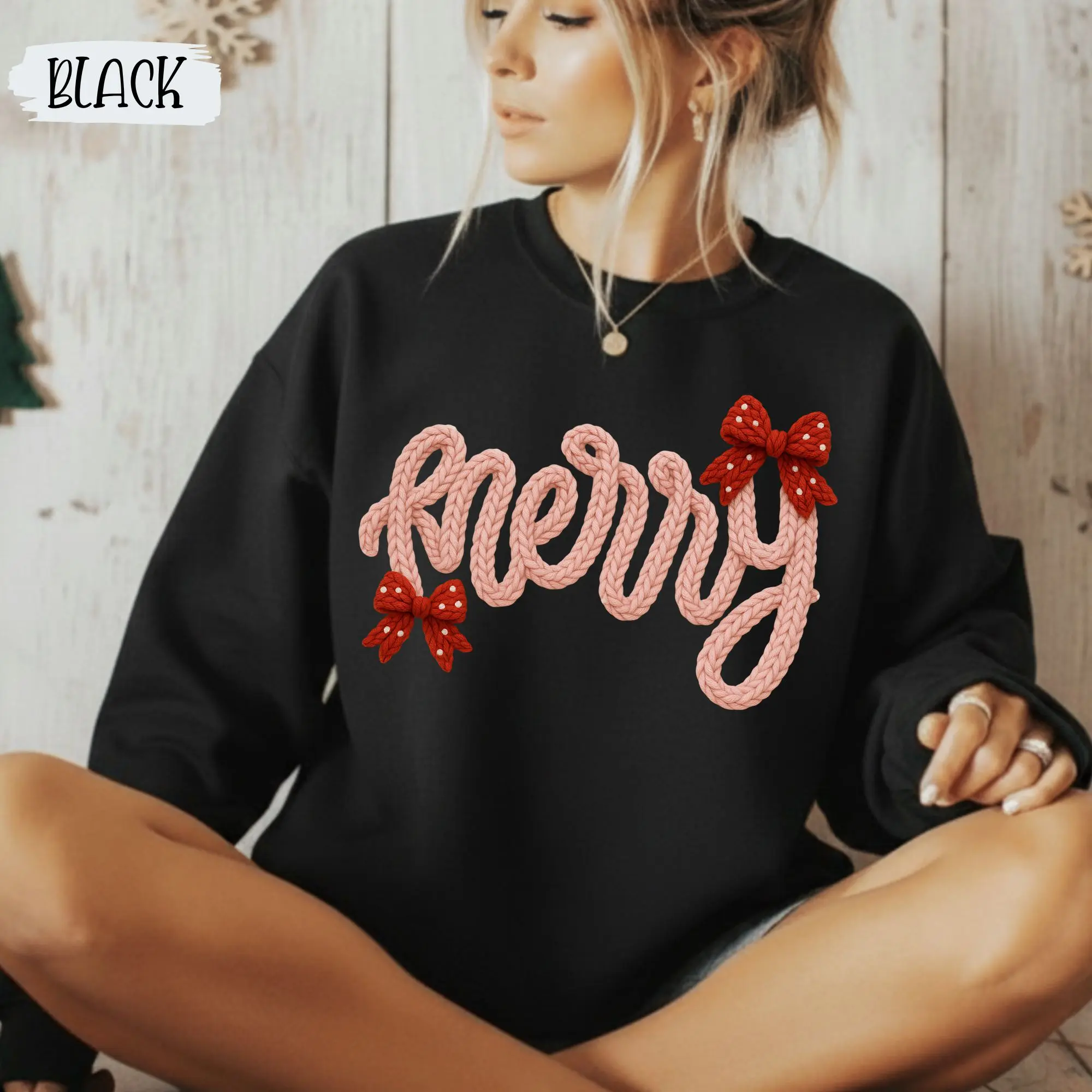 Faux Yarn Knit Merry Coquette Sweatshirt Festive Holiday Crewneck Jumper Christmas Knit Pullover Winter Girly Sweater Long Sleeve Cotton Blend Embroidery Style Womenswear Hoodie