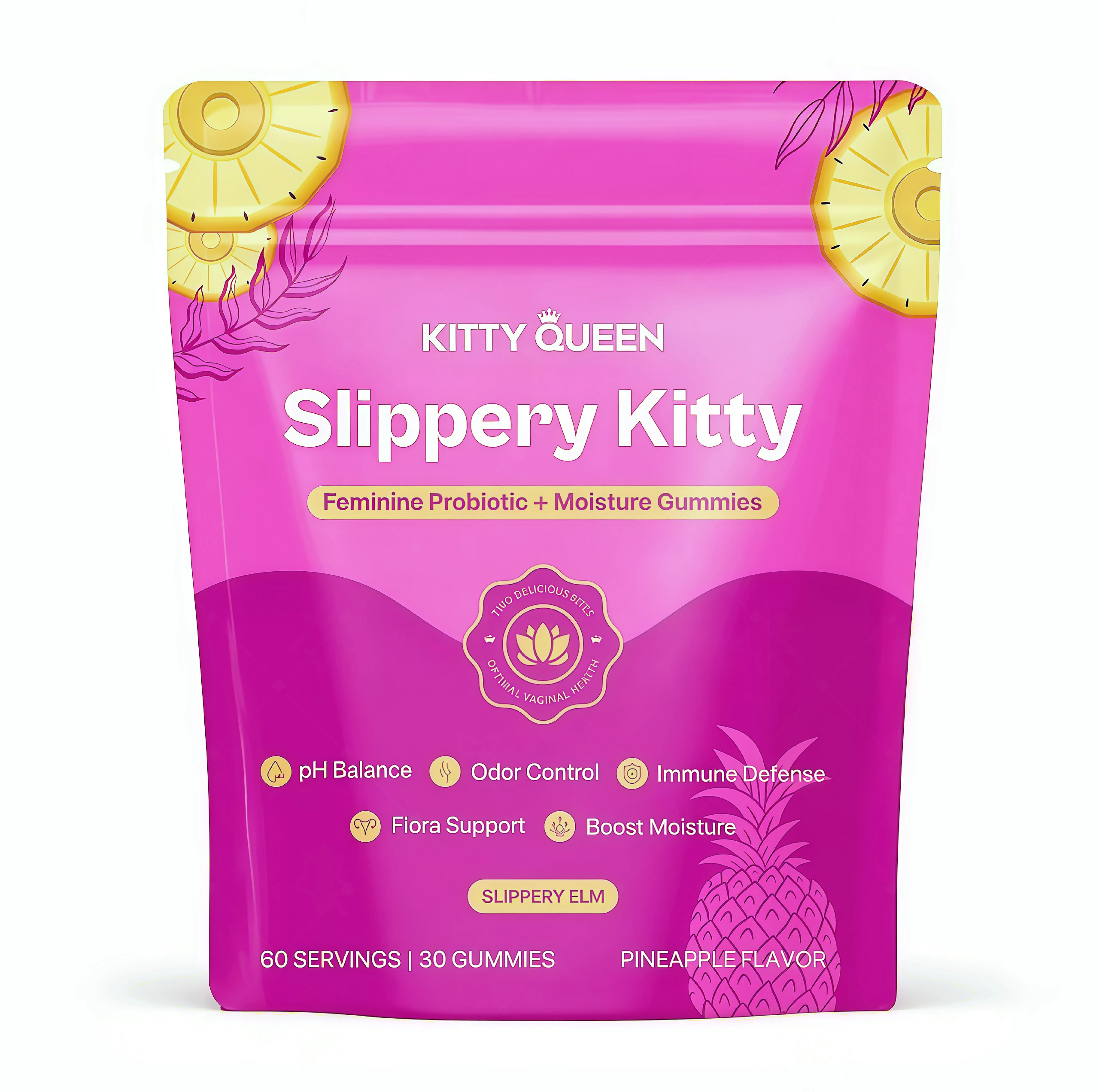 Slippery Kitty Feminine Probiotic + Moisture Gummies -RR All in One Solution with Slippery Elm 60 Count PineappleFlavor