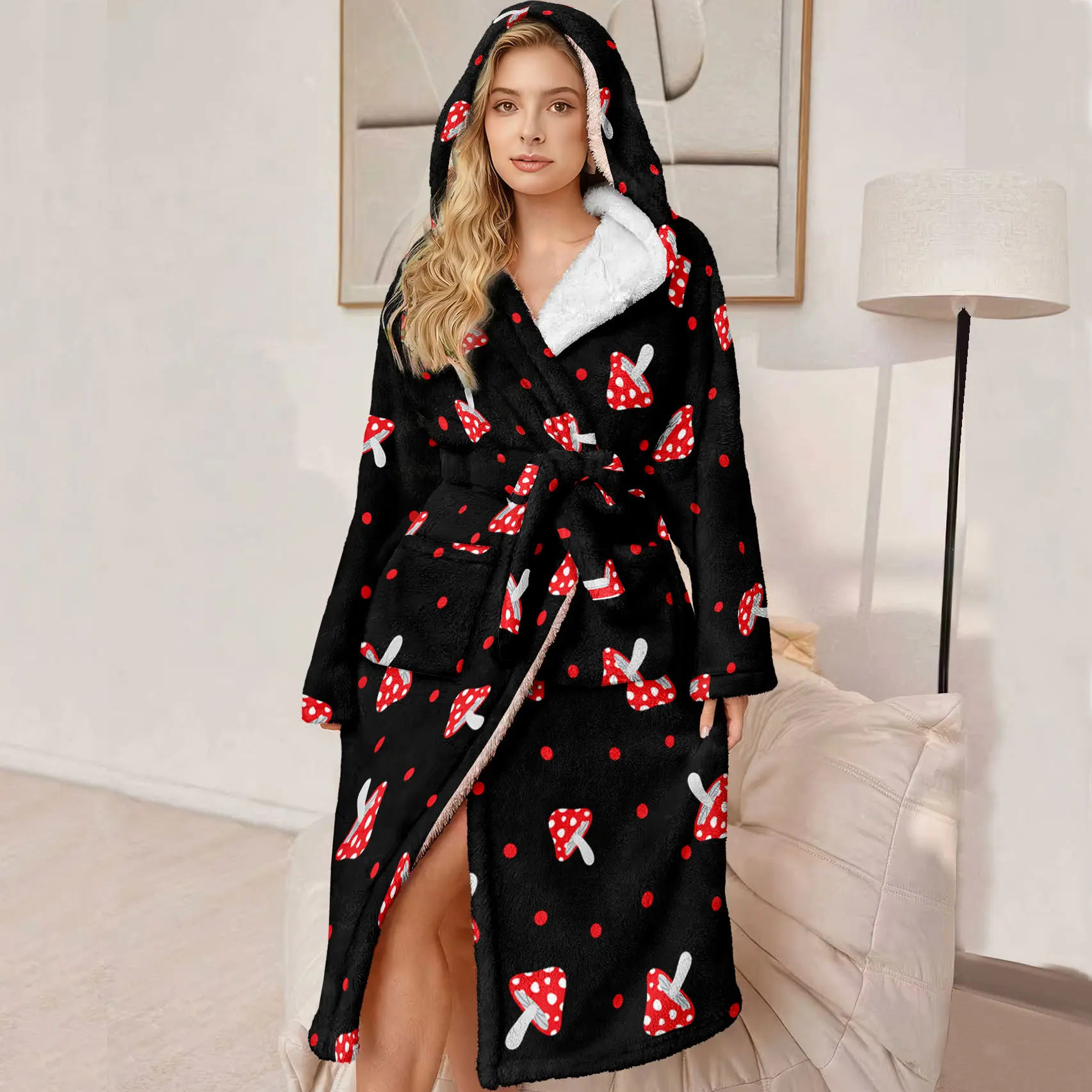 Plus Size Hooded Luxury Bathrobe, Ultra Comfortable Fleece Robe with Belt and Pockets, Mushroom Pattern, Winter Gift for Mom and Wife