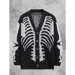 Men's Skeleton Print Cardigan - Casual V-Neck Knit Sweater, Long Sleeve, Machine Washable - Perfect for Fall/Winter,, Coats