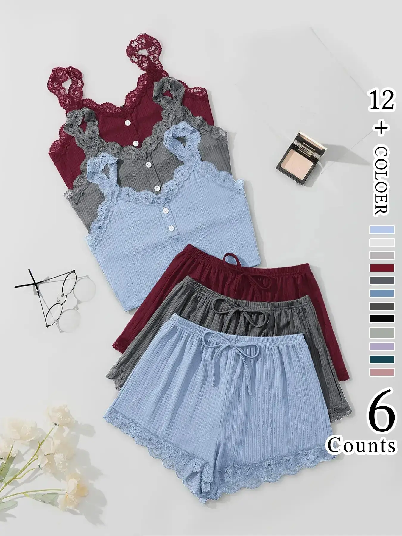 Women's Contrast Lace Button Cami Top & Elastic Waist Tie Front Shorts Pyjama Set, Casual Comfortable Loungewear Set For Women, Pyjamas for Women