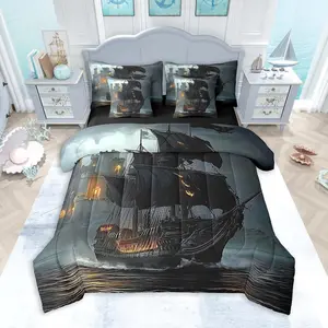 Pirate Ship Comforter Set 7 Pieces Moonlight Ocean Sea Bedding Set for Boys Girls Coastal Bed in a Bag with Comforter,Sheets,Pillowcases & Cushion Covers