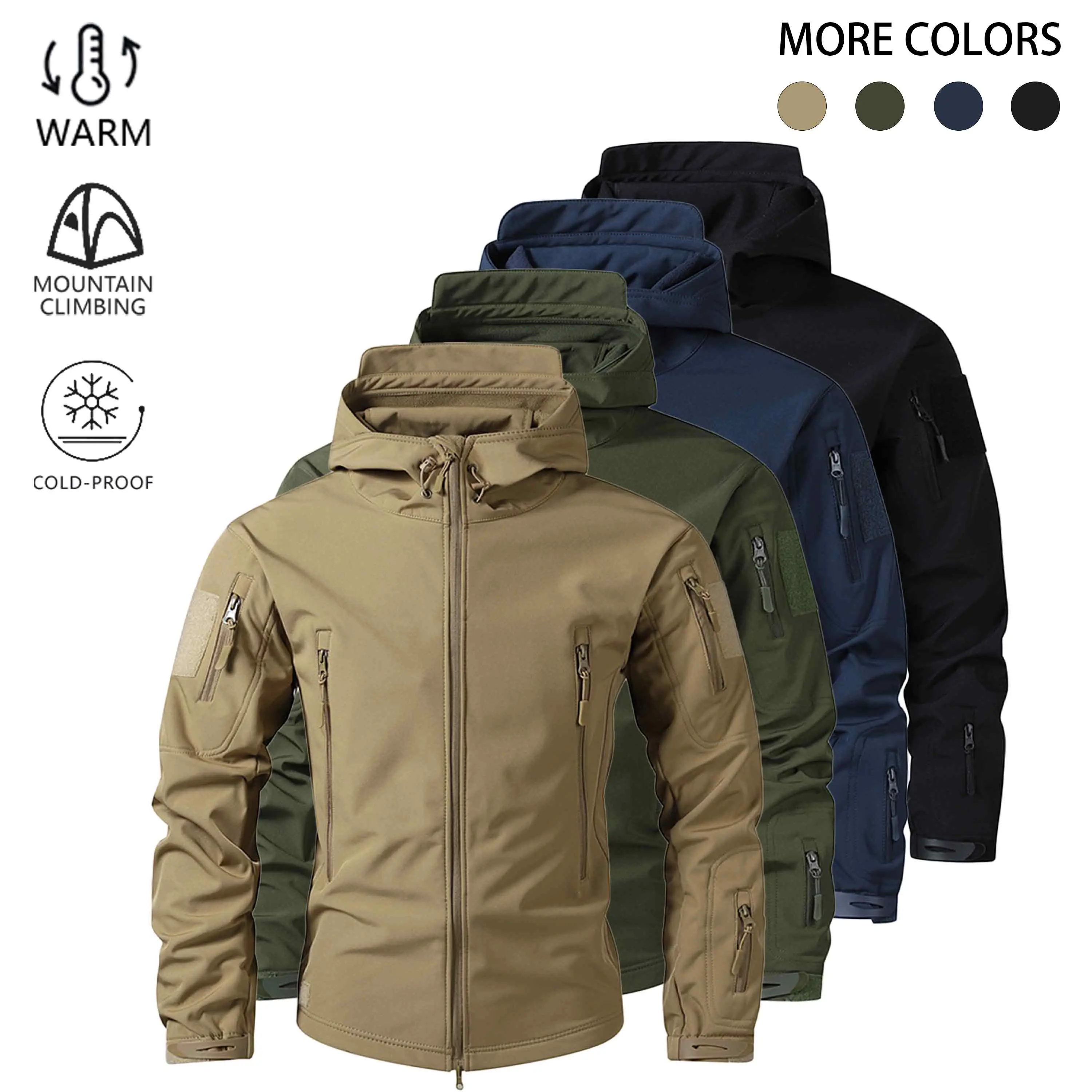 Men’s outdoor tactical hooded jacket for autumn/winter, windproof and warm, multi-pocket mountaineering outerwear, abrasion-resistant hardshell, available in multiple colors