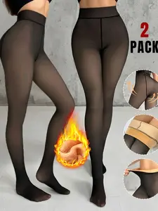 Women's 2pcs Fall Winter Fleece Lined Warm Pants, Soft Elastic Tight Fit Underwear, Anti-Pill Anti-Scratch, Trendy Fashion