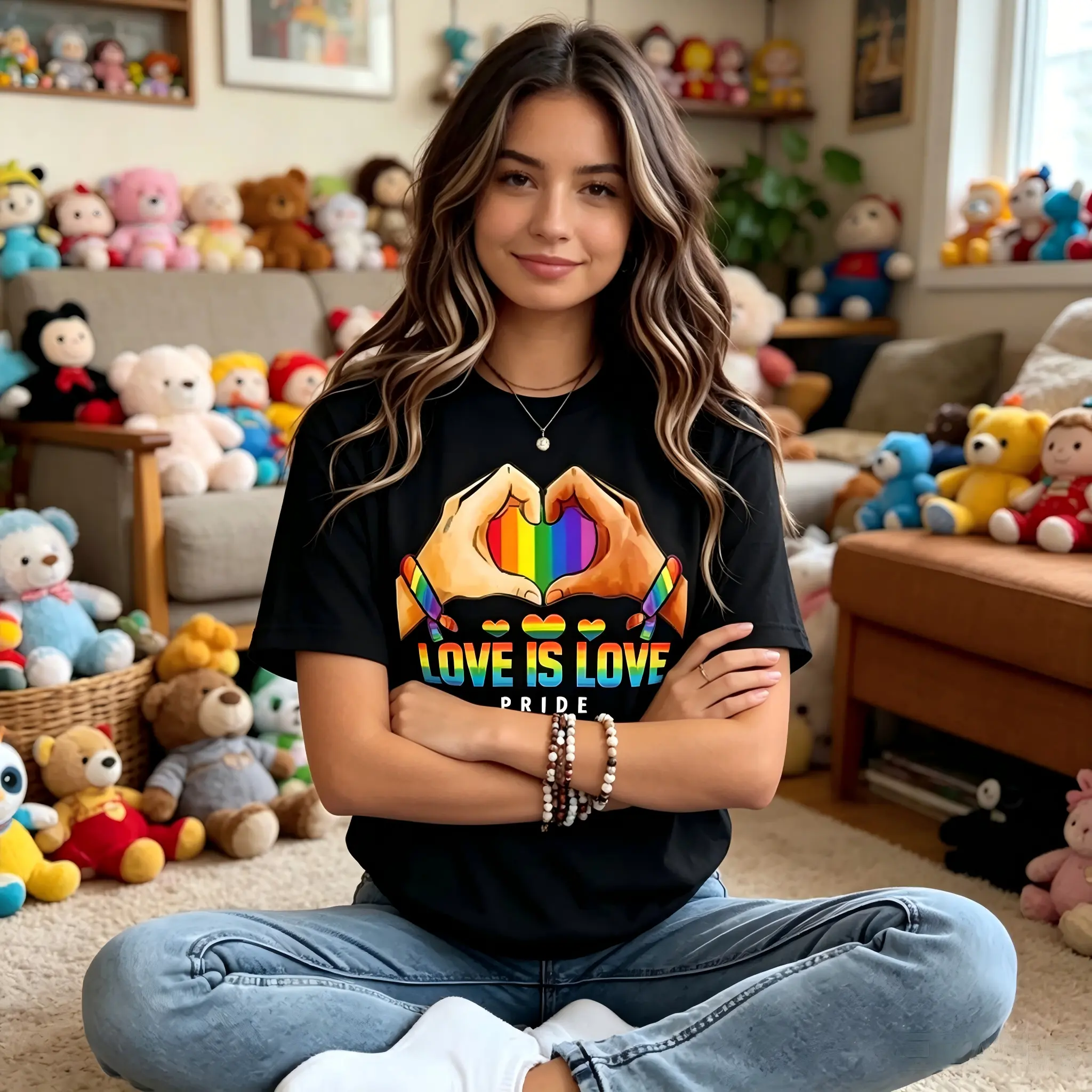 Women's Rainbow Heart Love is Love Graphic T-Shirt - Round Neck, Casual Short Sleeve Cotton Blend Top, Bold Fade-Resistant, Flattering Fit, XL, All Seasons, for Pride Events, Body Positive Lifestyle