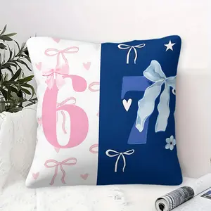 Adorable 6 & 7 Number Bow Pattern Digital Print Throw Pillow, 45cm Square Cushion, Cute Pink & Navy Blue Color Block Design with Hearts, Stars & Ribbon Accents Cozy Home Decor Pillow for Sofa, Couch, Bed, Perfect Gift for Couples. Includes Pillow Core.