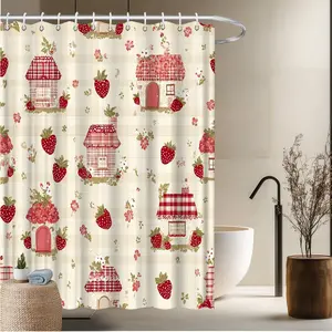 1pc Floral Theme Bath Curtain-2D Strawberry House Print, Home Shower Curtain, Bathroom Decoration, Bathroom Accessory, Bathroom Decoration Accessories, 70.8x70.8 inches