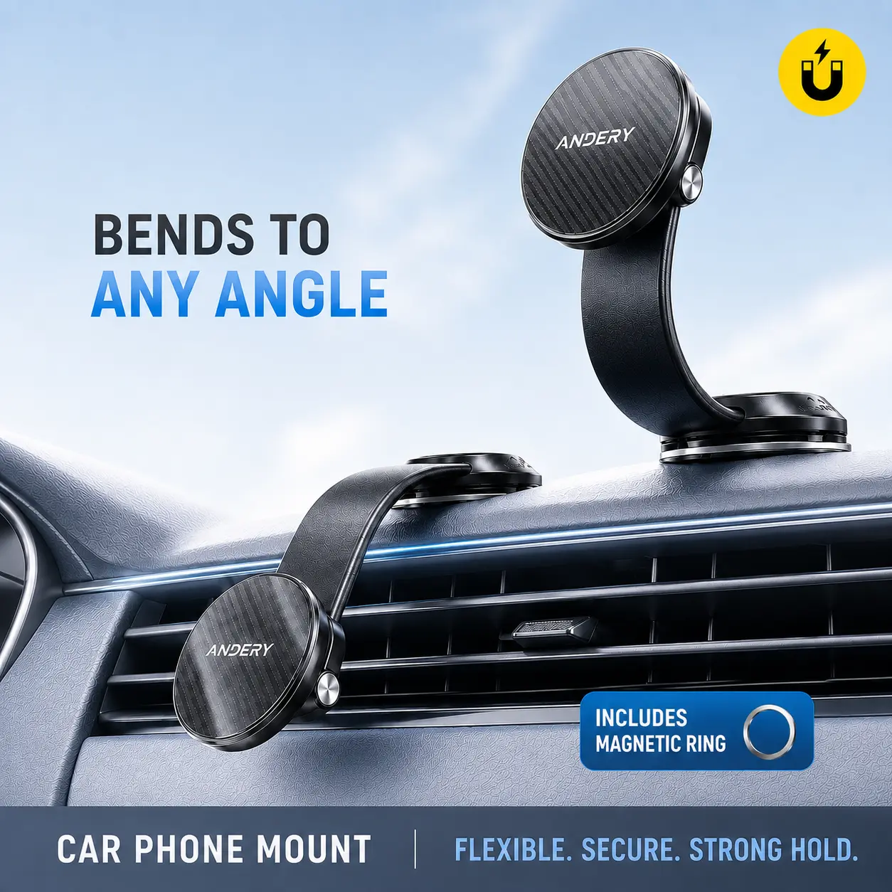 Long Arm Vacuum Magnetic Car Phone Mount for MagSafe, Adjustable Aluminum Alloy Arm Dashboard Phone Holder, Strong Nano-Gel Suction, 360° Rotation for iPhone