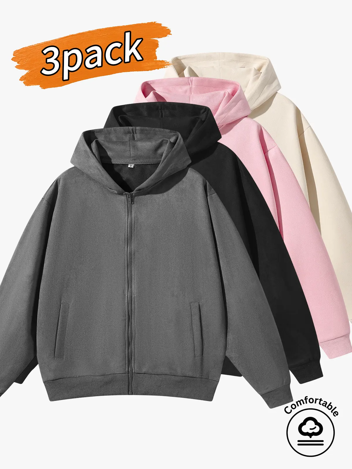 3-pack: men's tops, men's hooded cardigans, men's solid-color zip-up hoodies.Simple solid-color loose hoodie, a basic versatile casual top with ribbed cuffs at the sleeves and hem, offering moderate stretch and wind protection to keep you warm. Suitable f