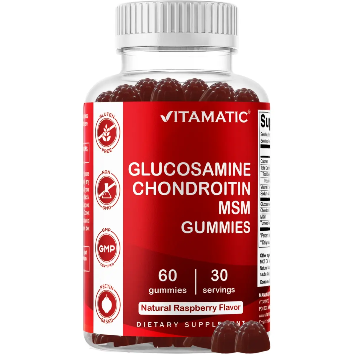 Vitamatic Chewable Glucosamine Chondroitin MSM Dietary Gummies - Natural Raspberry Flavor, 60 Pieces, Non-GMO, Gluten Free, Pectin-Based, Gelatin-Free, Joint Support Supplement for Adults with Anti-Inflammatory Properties & Joint Relief, Fda Registered, B