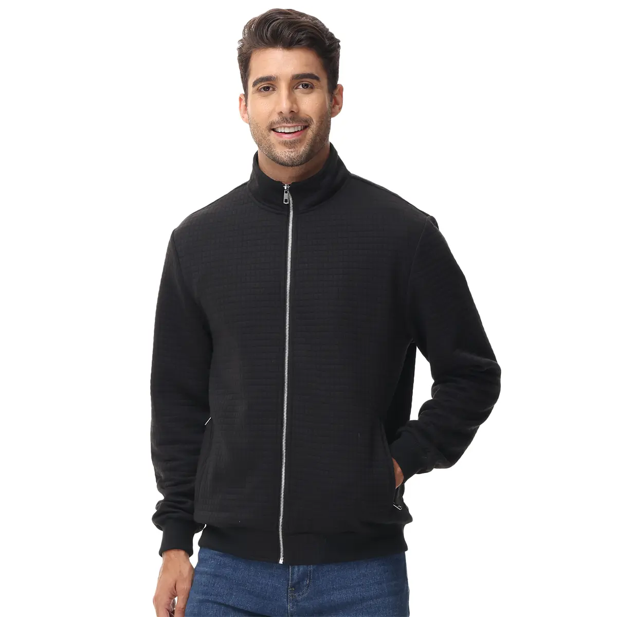 Men's Lightweight Varsity Jacket Casual Bomber Waffle Zip Up Coat with Pocket Windproof Outerwear Black Long Sleeve Stand-up Collar