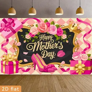 2D Flat, 1pc Elegant Multicolor Pink Red Roses Golden Frame Checkered Backdrop Banner Suitable for Mothers Day Wedding Graduation Party Decorations, Blackboard Suitable for Entrance Decoration for Gard