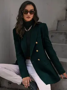 GENKIRA Solid Double Breasted Flap Detail Blazer Workwear  Fall Cloth For Women