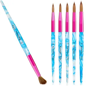 5 Pieces Acrylic Application Brush Set with Crimped Handle for Art Manicure - Sizes 6, 8, 10, 12, 14 (Pink, Blue, White) Aluminium Nail