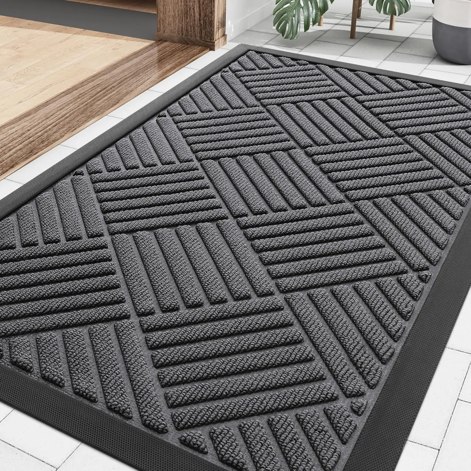 Front Door Mat Outside Entrance, Heavy Duty Outdoor Indoor Natural Rubber Doormat, Non Slip, Trap Dirt and Moisture, Easy Clean, Low Profile Patio Porch Entryway Mat, 29.5x17, Grey