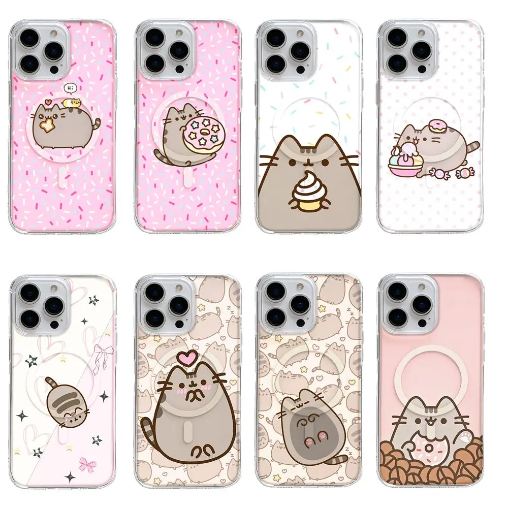 Kawaii Dessert Vibe Pusheen Cat MagSafe Phone Case for IPhone 17 Pro Max Air 16 Pro 15 14 Plus 13 12 11 and Samsung S26-S23 Plus Ultra Shockproof Clear Protective Cover