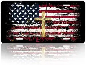 License Plate,American Flag Jesus Cross License Plates Decorative Car Front Vanity Tag,Metal Car Plate,Aluminum Novelty,6 X 12 Inch (4 Holes) Display Use Only