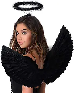 Angel Black Wings and Halo Angel Costume for Girls Kids Women Halloween (Black)