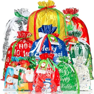 38 count Christmas Drawstring  Bags of Assorted Sizes Small Medium Large , Holiday Bags with Colorful Drawstrings for Xmas Party Favors,Christmas Presents