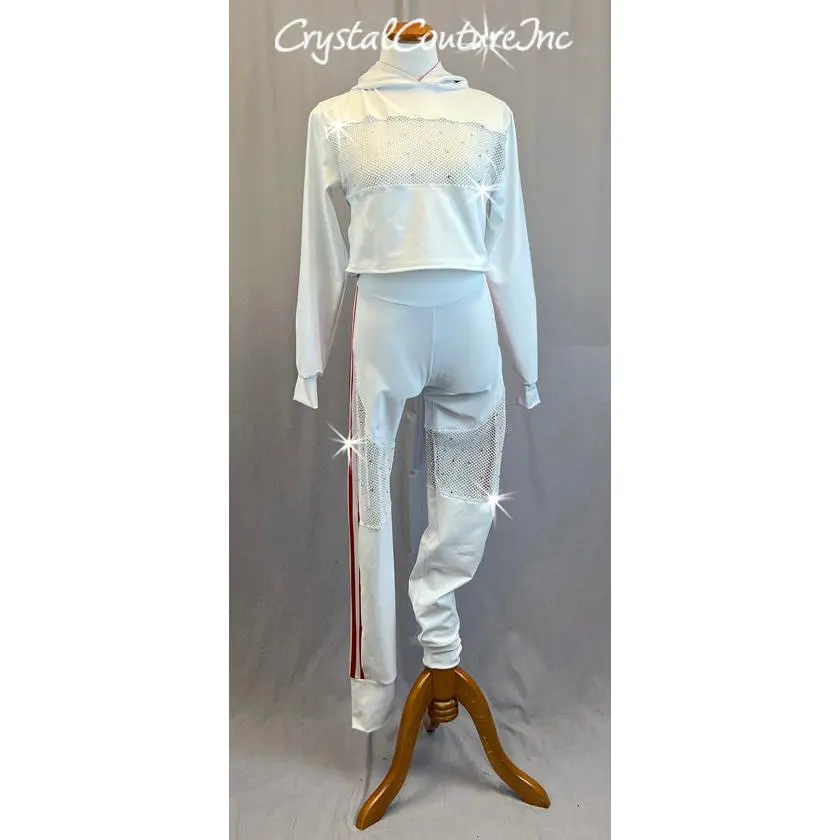 White and Red Hooded Track Suit with Netting - Rhinestones