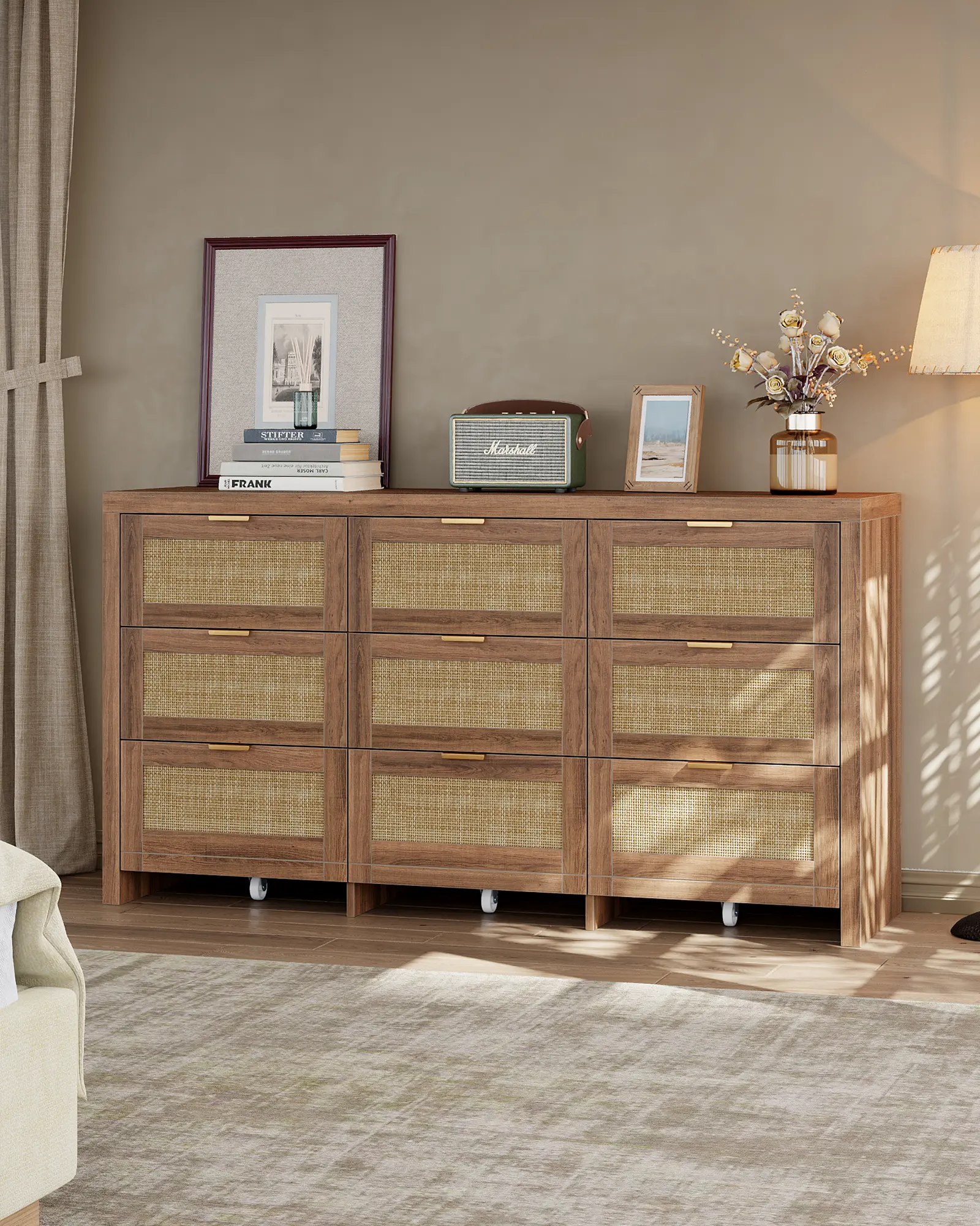 FUSOU 9 Drawers Dresser for Bedroom, Rattan Dresser with Wood Frame & Metal Handles, Chest of Drawers with Wheels, Dresser Closet Organizers and Storage for Living Room, Entryway, Walnut,dorm essentials,home decor