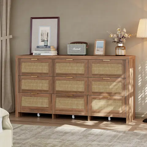 FUSOU Rectangle 9-Drawer Rattan Storage Cabinet - Wood Frame, Metal Handles, Smooth Gliding Drawers, Rolling Organizer for French Country Bedroom Decor, Boho Rattan Texture, Walnut Dorm Room Storage Cabinets