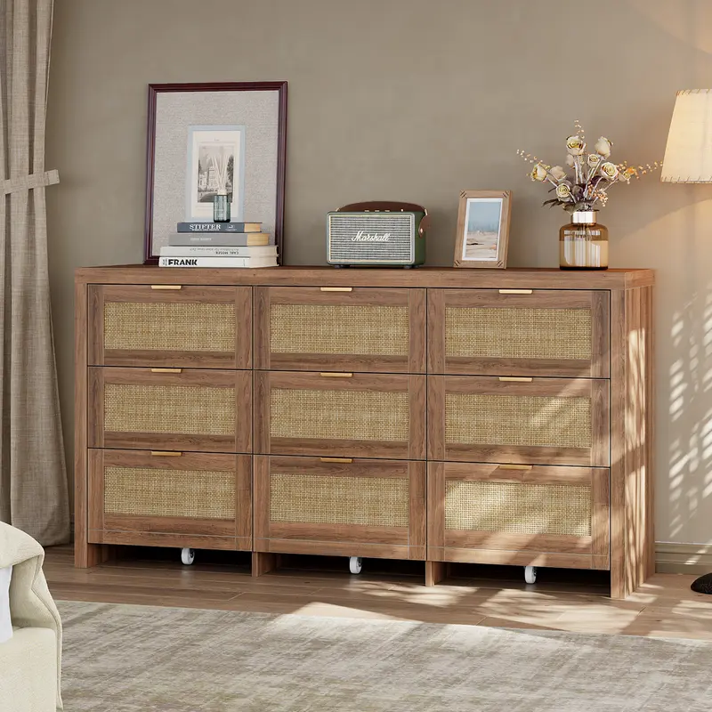 FUSOU Rectangle 9-Drawer Rattan Storage Cabinet - Wood Frame, Metal Handles, Smooth Gliding Drawers, Rolling Organizer for French Country Bedroom Decor, Boho Rattan Texture, Walnut Dorm Room Storage Cabinets