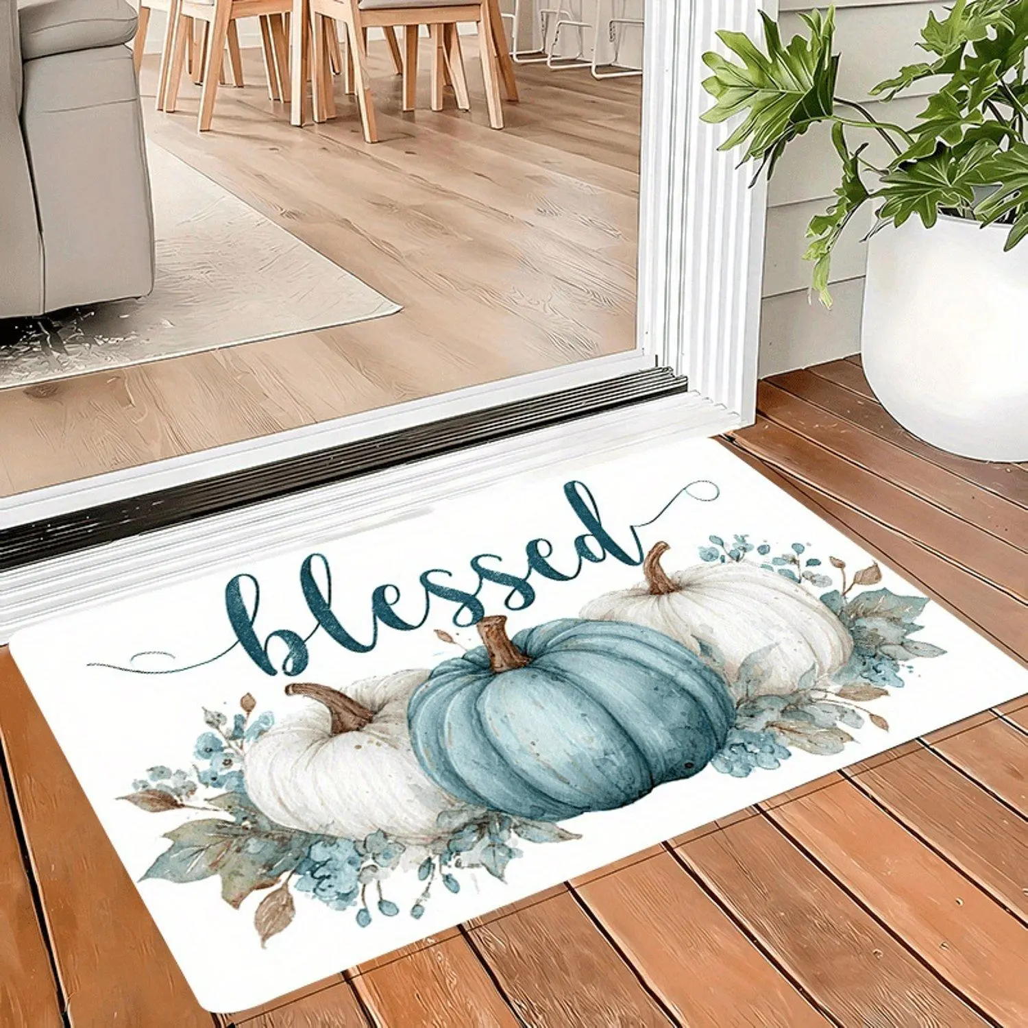 Blessed Blue White Pumpkin Flannel Doormat, Watercolor Fall Halloween Farmhouse Non Slip Decor Mat for Front Door Indoor Porch