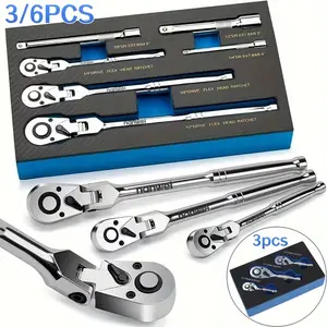 3/6PCS Flex Head Ratchet Wrench Set, 1/4" 3/8" 1/2" Drive Swivel Ratchet Handles with Extension Bars, Polished Steel Socket Ratchet Tool Kit with Storage Tray for Auto Garage Mechanical Repair durable hand
