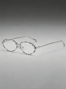 Vintage Rhinestone Oval Flat Glasses, Classic Fashion Glasses, Trendy Vintage Eyeglasses, Silver Color Metal Frame, Anti-Blue Light Lenses, Casual Style, All Seasons Wear