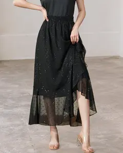 Women's Black High-Waist Midi Skirt - Asymmetrical Hemline with Flounce Detail for Parties LE-DQ048