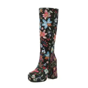 Womens Knee High Boots Round Toe Cunky Block High Heel Side Zipper Floral Design Statement Vintage Retro Chic Fashion Party Wedding Casual Indoor Outdoor Walking Spring Trendy Modern Tall Boots