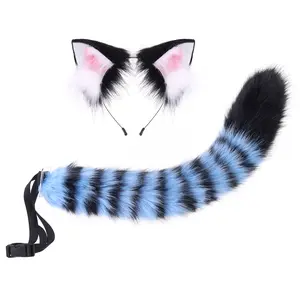 Striped Furry Ear Headband & Bendable Long Tail Set Adjustable Belt Cosplay Costume Accessory