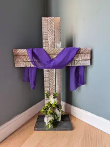 Amish Made Wooden Cross Decor | Wood Lathe Cross with Base | Rustic Farmhouse Christian Home Decor | Small or Large | White or Natural Wood