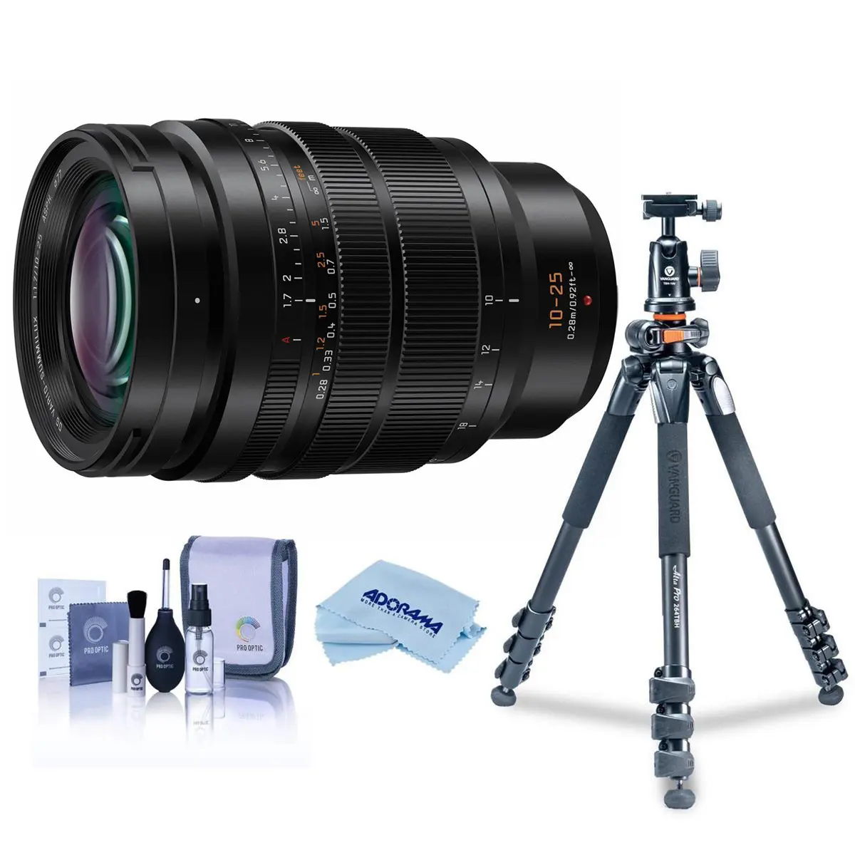 Panasonic Lumix G Leica DG Vario-Summilux 10-25mm F/1.7 Aspherical Lens for Micro Four Thirds Mount, Black - Bundle with Vanguard Alta Pro 264TBH Tripod + TBH-100 Head with Arca-Swiss QR Plate + More