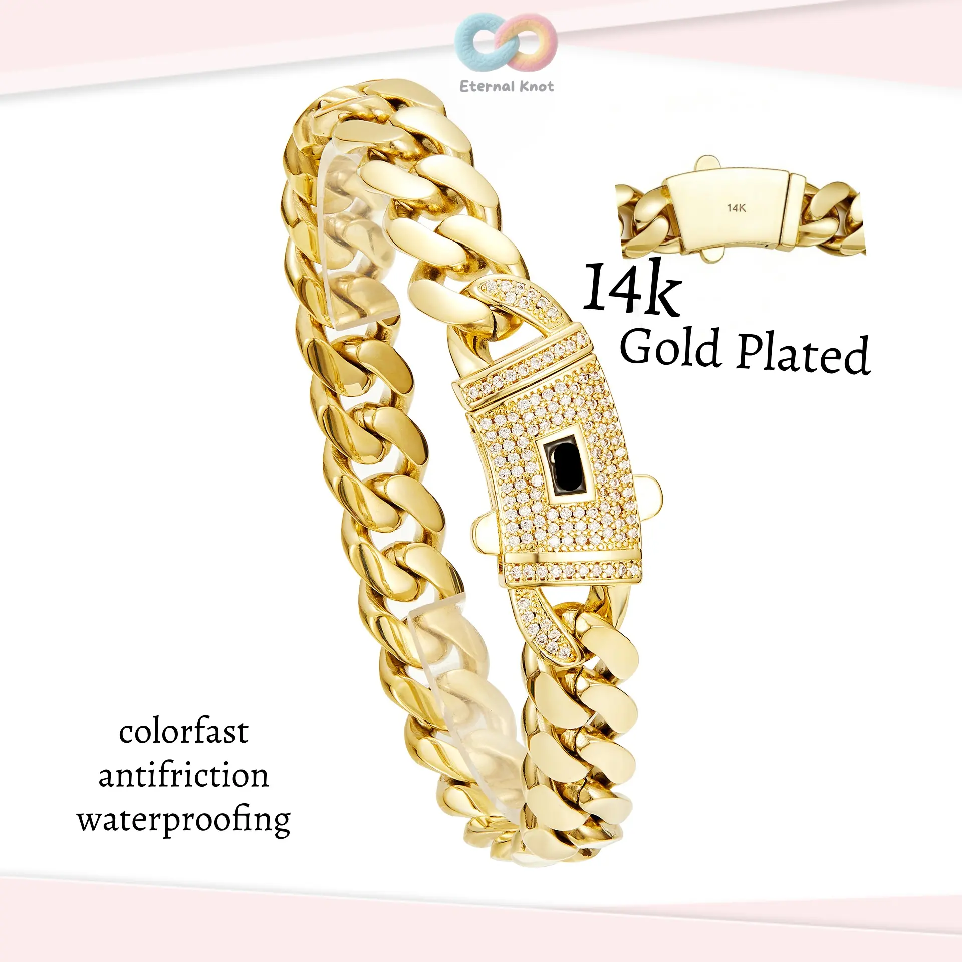 14K Gold Plated Cuban Link Chain Miami Bracelet with Stainless steel zirconium spring clip Hip Hop Jewelry for Men/ Women men's daily bracelet Men's Gift for Boys and Girls