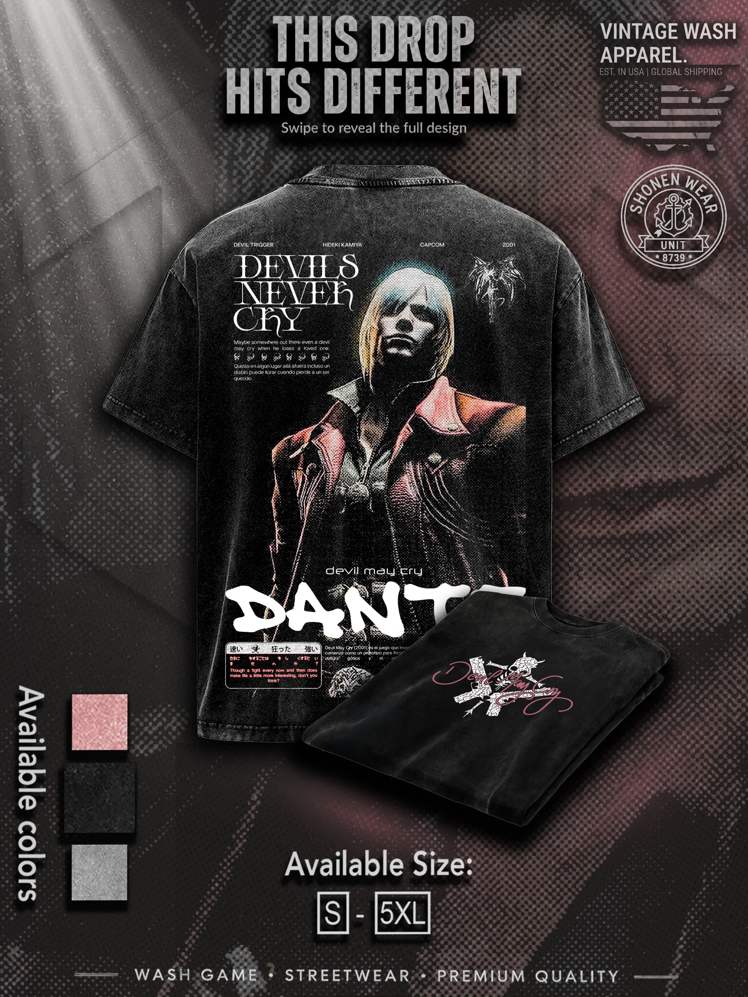 Devil May Cry Dante  Anime Manga game Vintage Cotton 2 sided Washed Tshirt Sweatshirt Hoodietees Top Casual graphic t-shirts