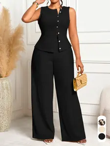 Two-Piece Summer Women's Basic Casual Set, Round Neck Sleeveless Top with Button Decor, High Waist Wide Leg Pants, Fashionable Plus Size Womenswear