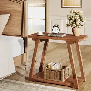 LITTLE TREE 2-Tier Solid Wood End Table, Narrow Side Table, Rectangle Farmhouse Nightstand for Living Room, Bedroom, Easy Assembly, Trapezoidal Base